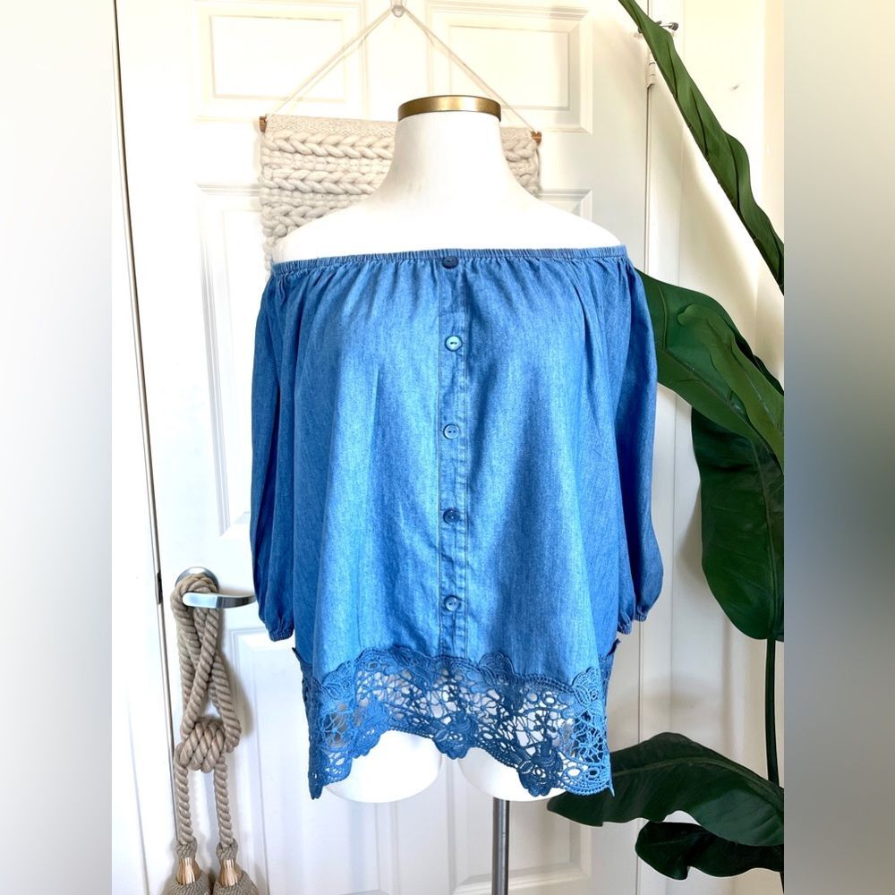 Unique Spectrum Womens Size 26/28 Lace Trim Top 3/4 Sleeve Blouse Chambray  Blue